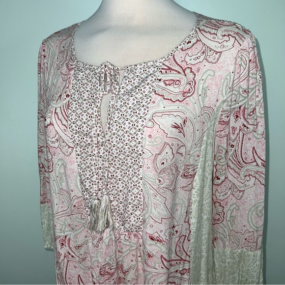 Rose & Thyme Pink Paisley Boho Peasant Blouse Women’s Large Tassel Tie Rayon Top - Picture 2 of 12